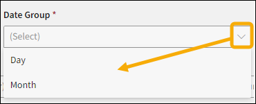 Date Group sort filter with a yellow highlight box around the drop down menu arrow with a yellow arrow pointing downwards to Day or Month options. 